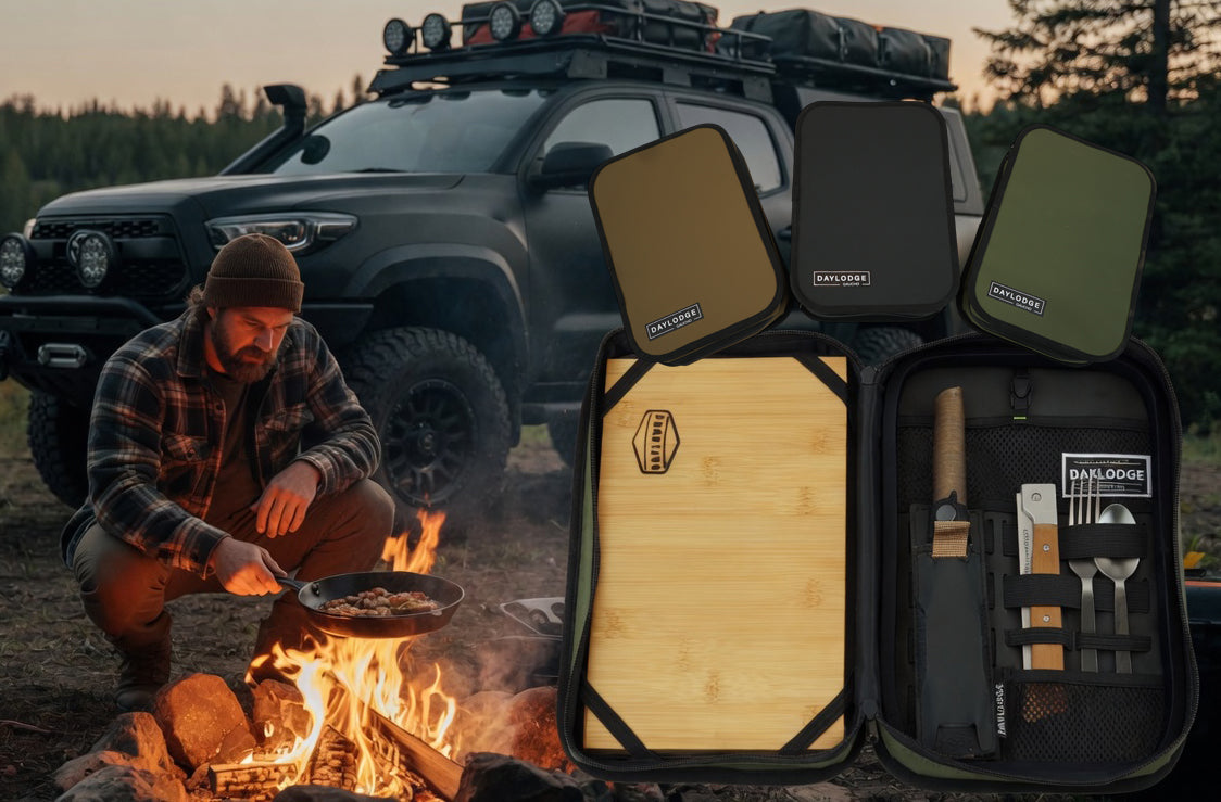 Gaucho field kitchen case open at camp, bamboo cutting board on one side and utensil panel on the other
