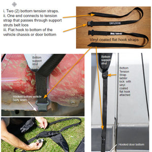 Flat hook securing the strap at the bottom of the vehicle