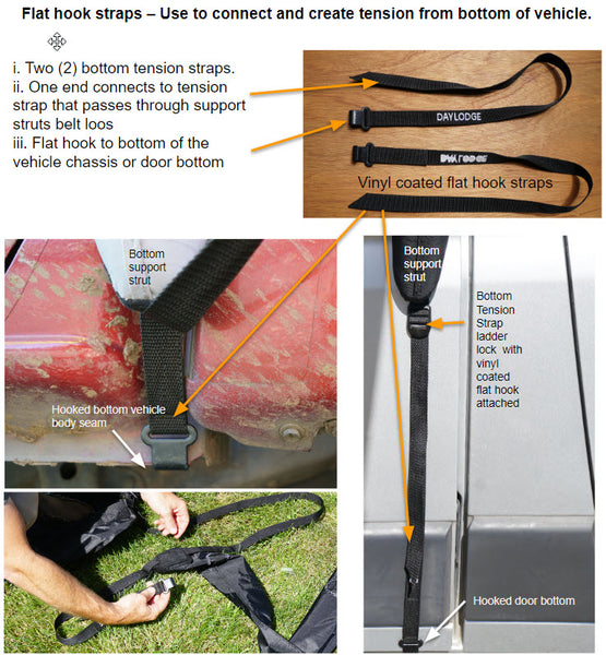 Flat hook tensioning the strap at the bottom of the vehicle