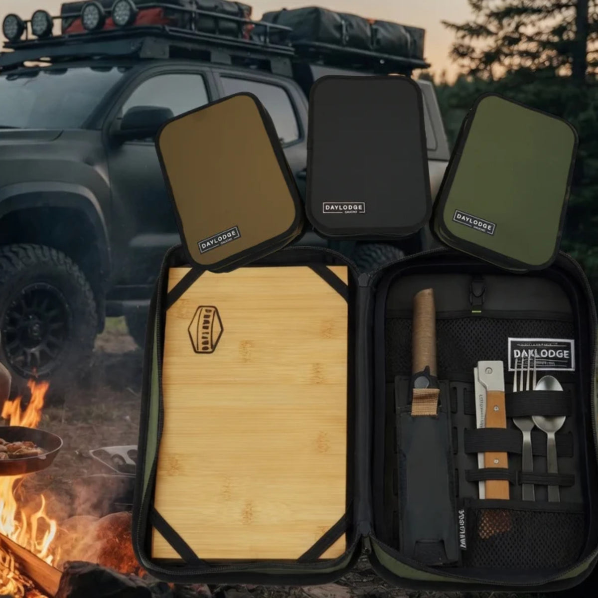 Gaucho cases at a campfire beside an overland truck