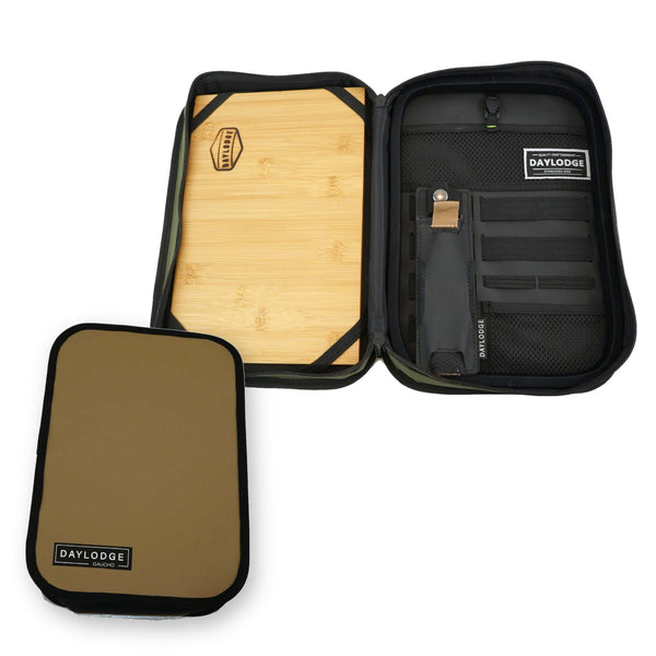 Gaucho field kitchen case: one zipped closed in Khaki Brown beside one open flat in Sage Green with the bamboo cutting board and utility panel