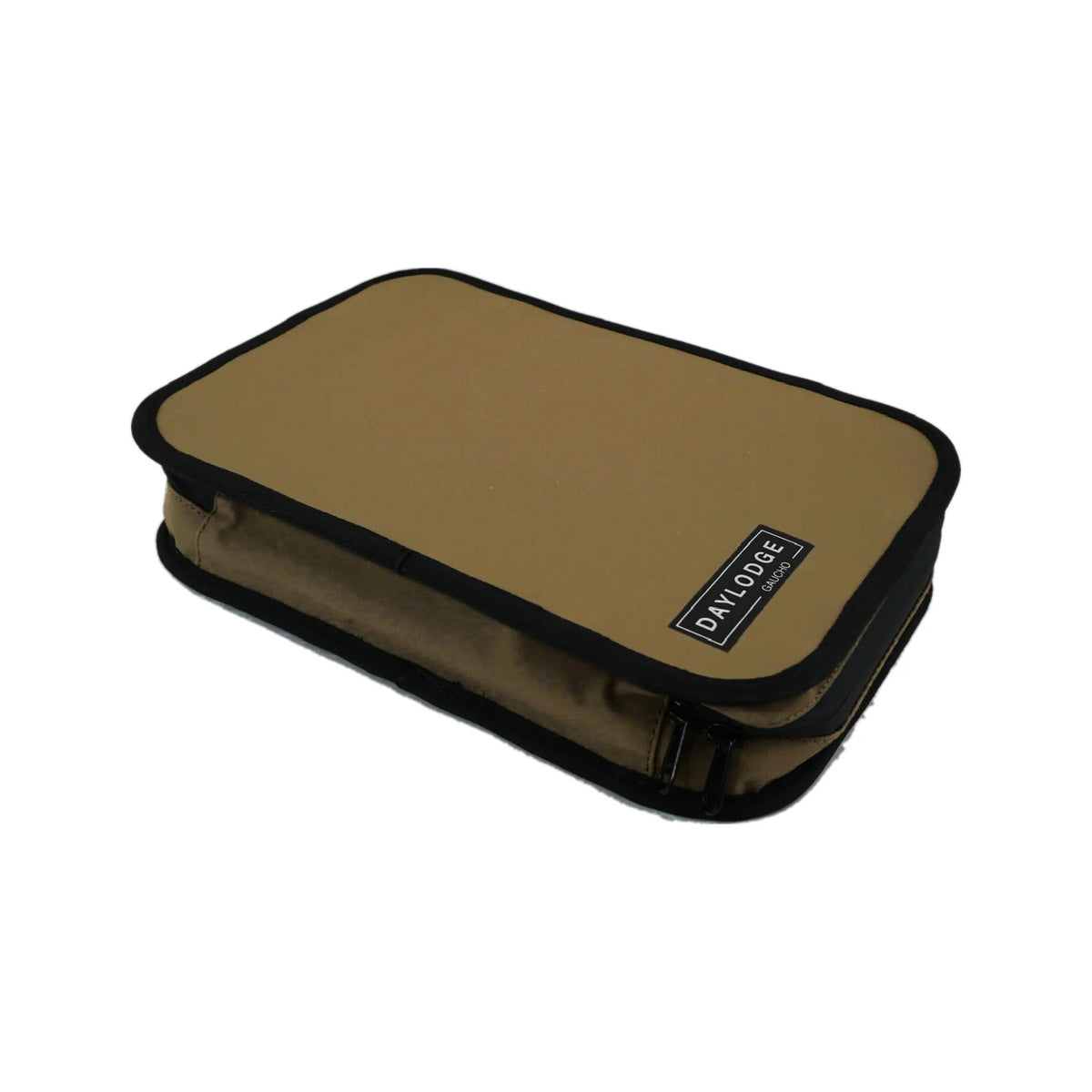 Gaucho field kitchen case in Khaki Brown, closed, three-quarter view showing the waterproof zippers