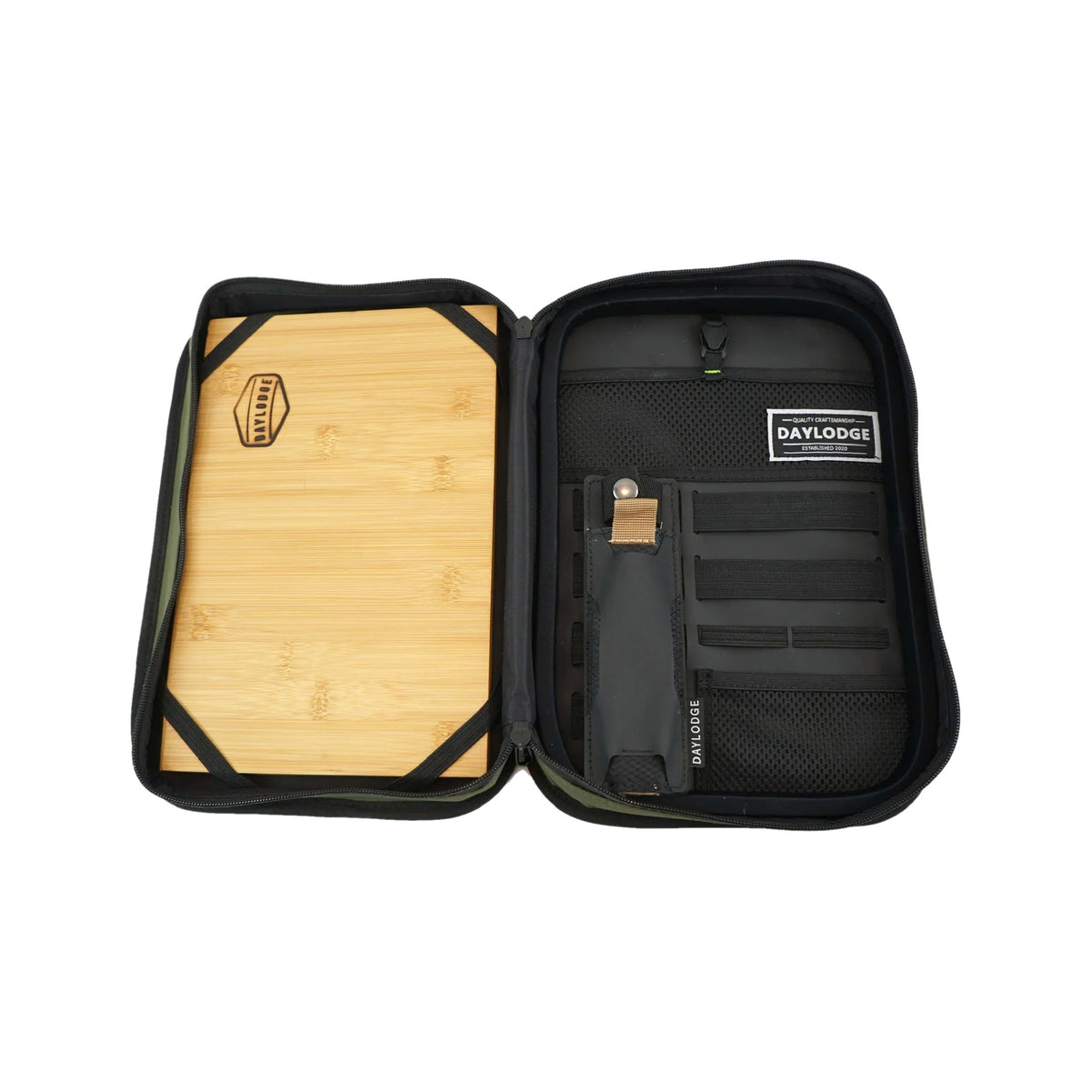 Gaucho in Sage Green open flat: bamboo cutting board on one side, utility panel with the MOLLE Blade Sheath on the other