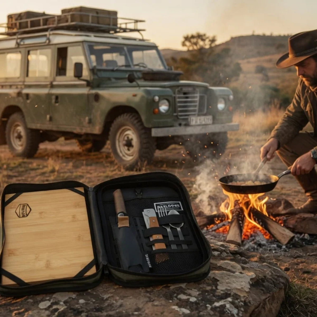 Gaucho open by a campfire at sunset with a Land Rover behind
