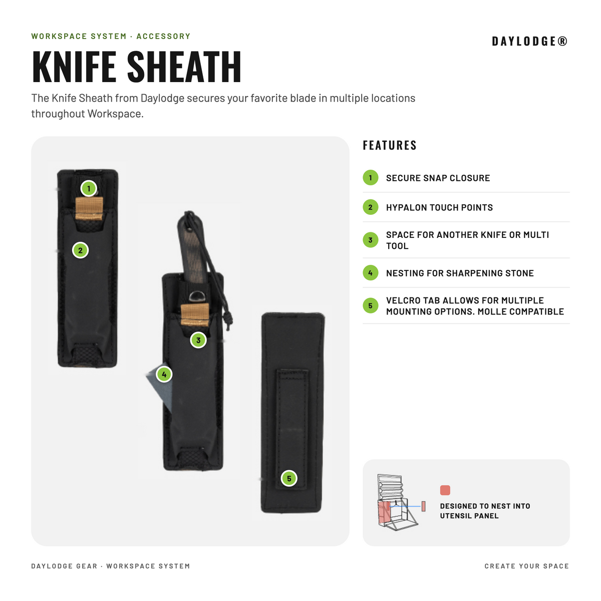 MOLLE Blade Sheath infographic: snap closure, room for a second knife and a sharpening stone, MOLLE compatible