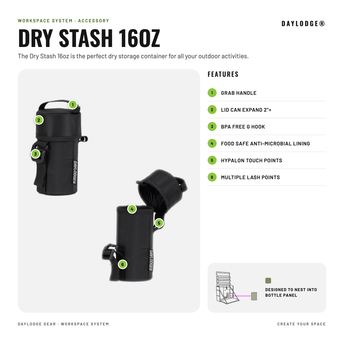 Stash 16 dry storage infographic: expanding lid, G hook and food safe anti-microbial lining