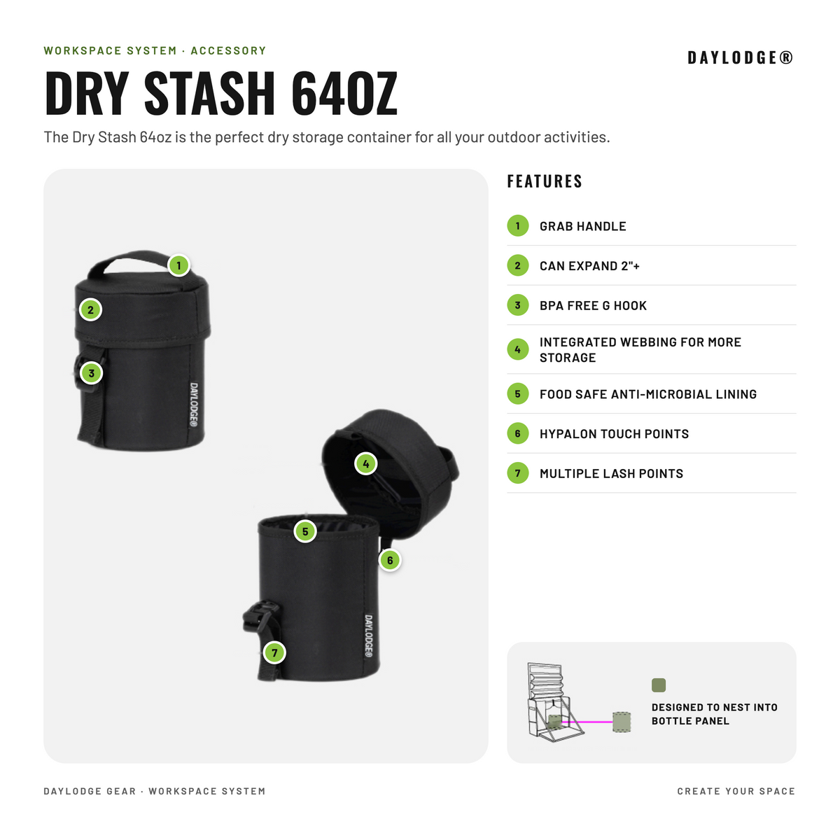 Stash 64 dry storage infographic: expanding lid, G hook and food safe anti-microbial lining
