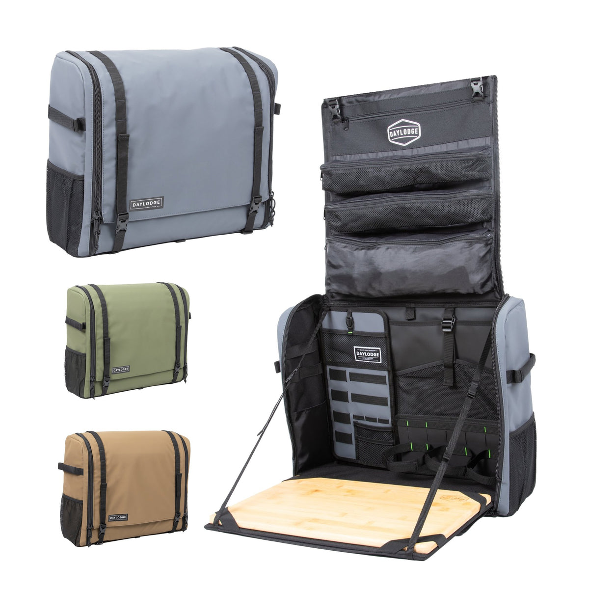 Workspace Camp Kitchen studio showcase, Blue Gray open with Blue Gray, Sage Green and Coyote closed