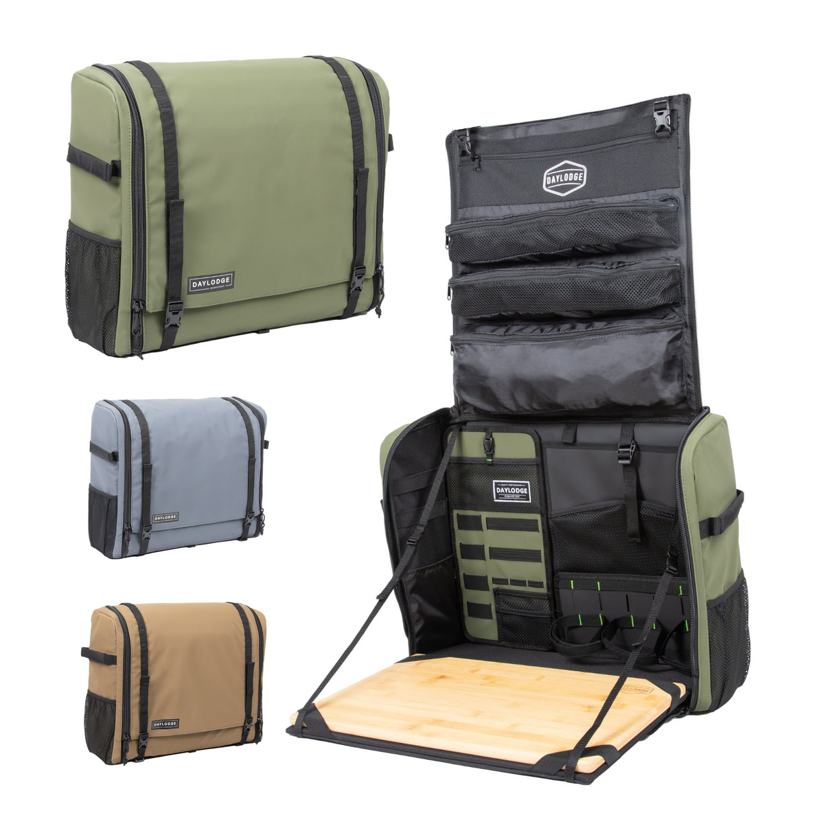 Workspace Camp Kitchen studio showcase, Sage Green open with Sage Green, Blue Gray and Coyote closed