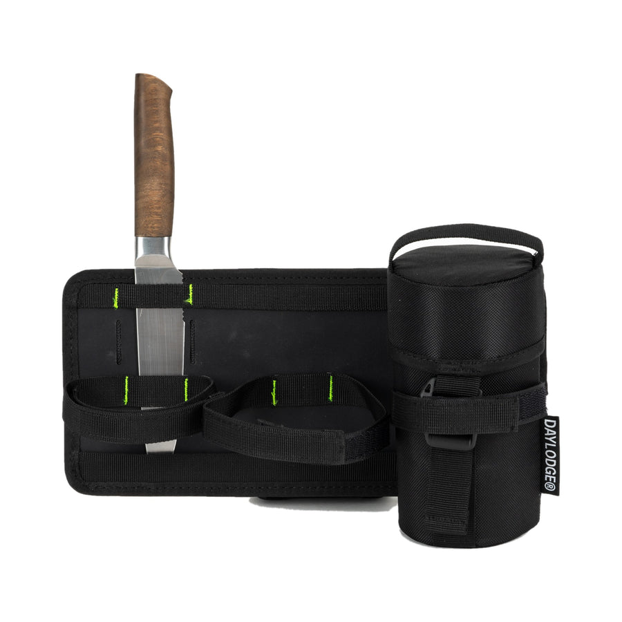 Workspace bottle panel holding a chef's knife and a Stash 16 container