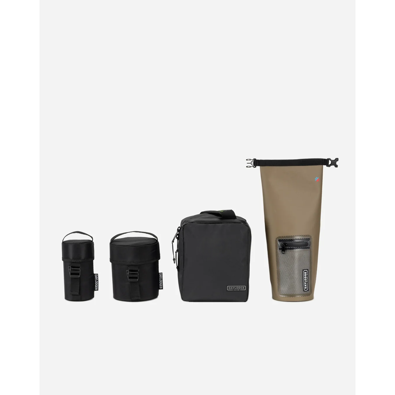 Workspace Camp Accessories: Stash 16, Stash 64, Cold Cube soft cooler and Wet Dry 100 lined up