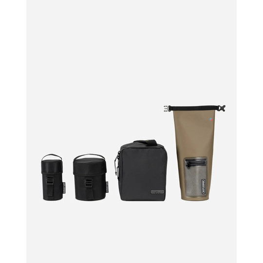 Workspace Camp Accessories: Stash 16, Stash 64, Cold Cube soft cooler and Wet Dry 100 lined up