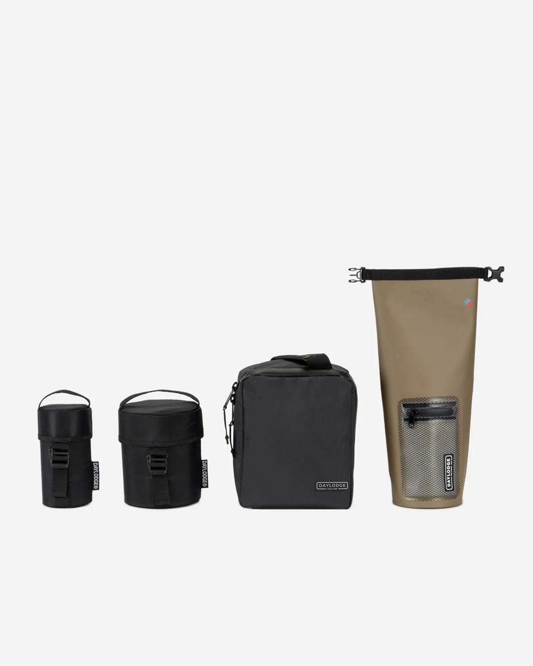 Workspace Camp Accessories: Stash 16, Stash 64, Cold Cube soft cooler and Wet Dry 100 lined up