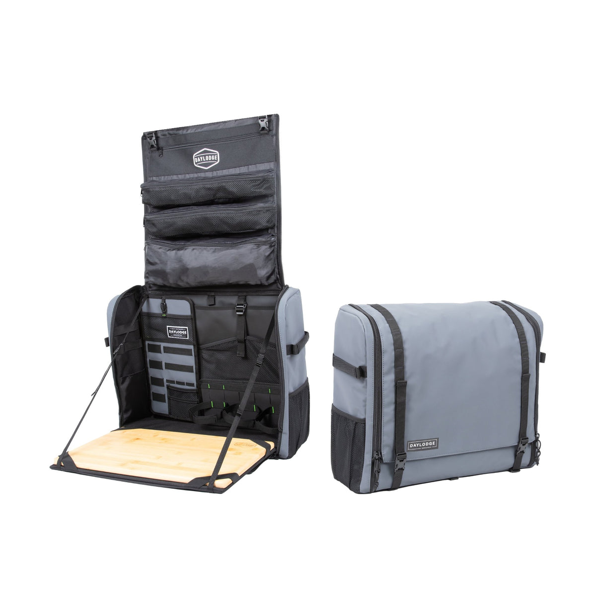 Workspace Camp Bag in Blue Gray, shown open and closed