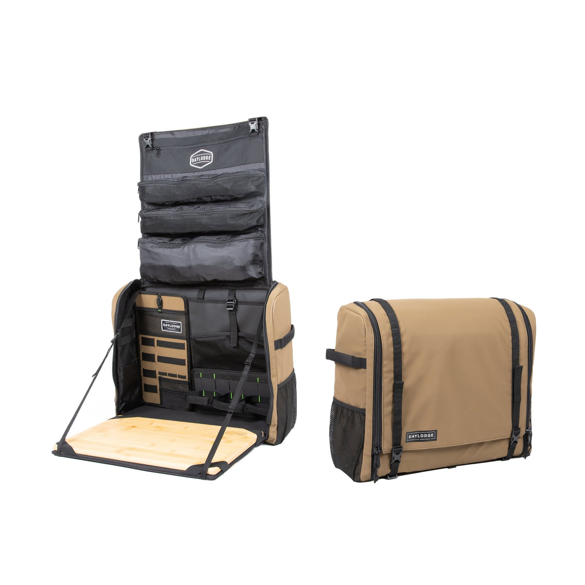 Workspace Camp Bag in Coyote, shown open and closed