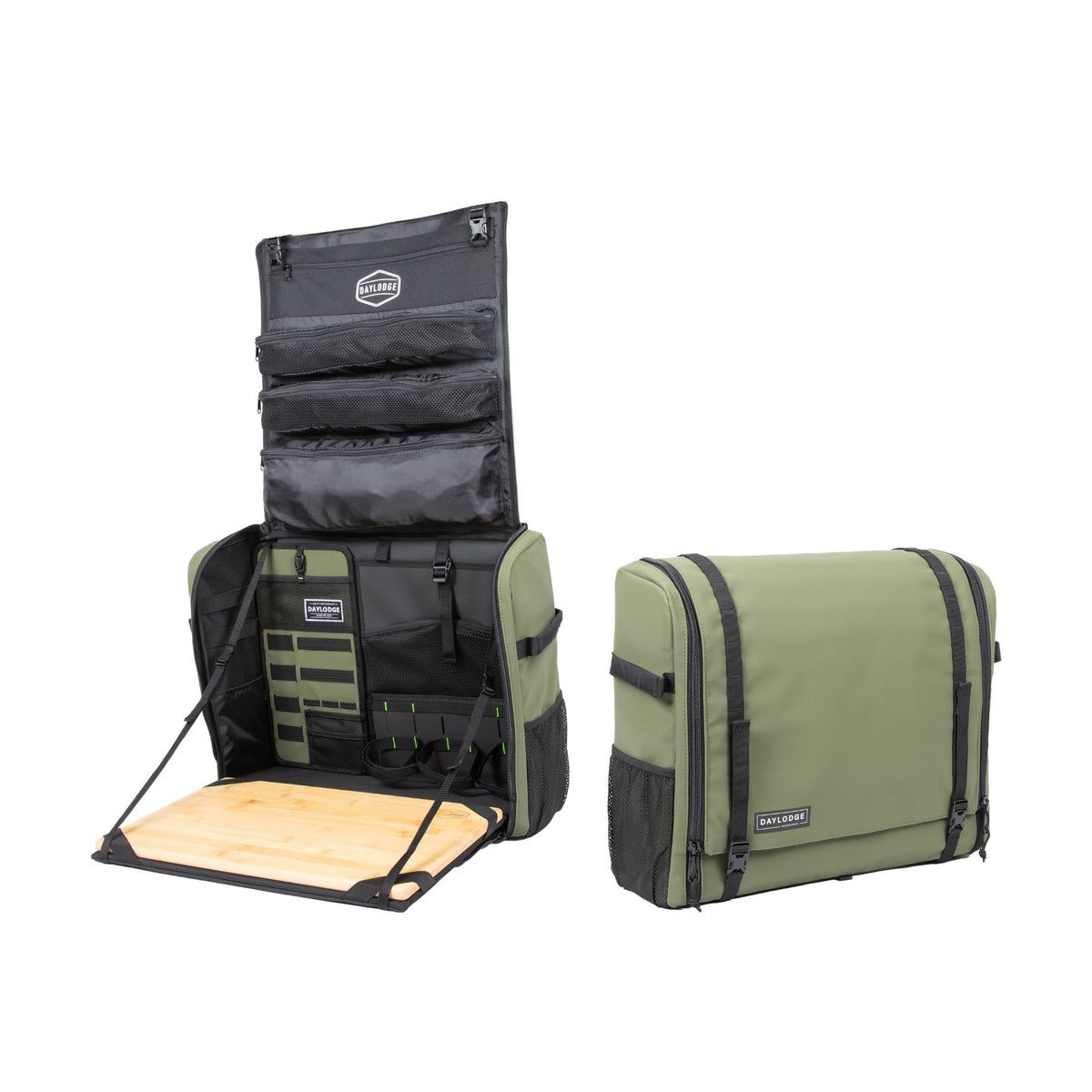 Workspace Camp Bag in Sage Green, shown open and closed