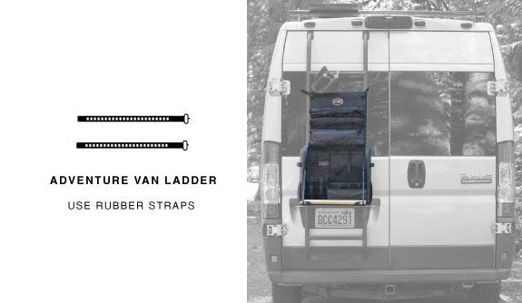 Workspace hanging on an adventure van ladder with rubber straps