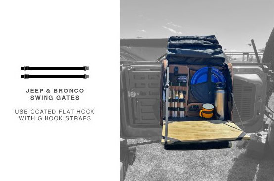 Workspace hanging on a Jeep swing gate with coated flat hook straps