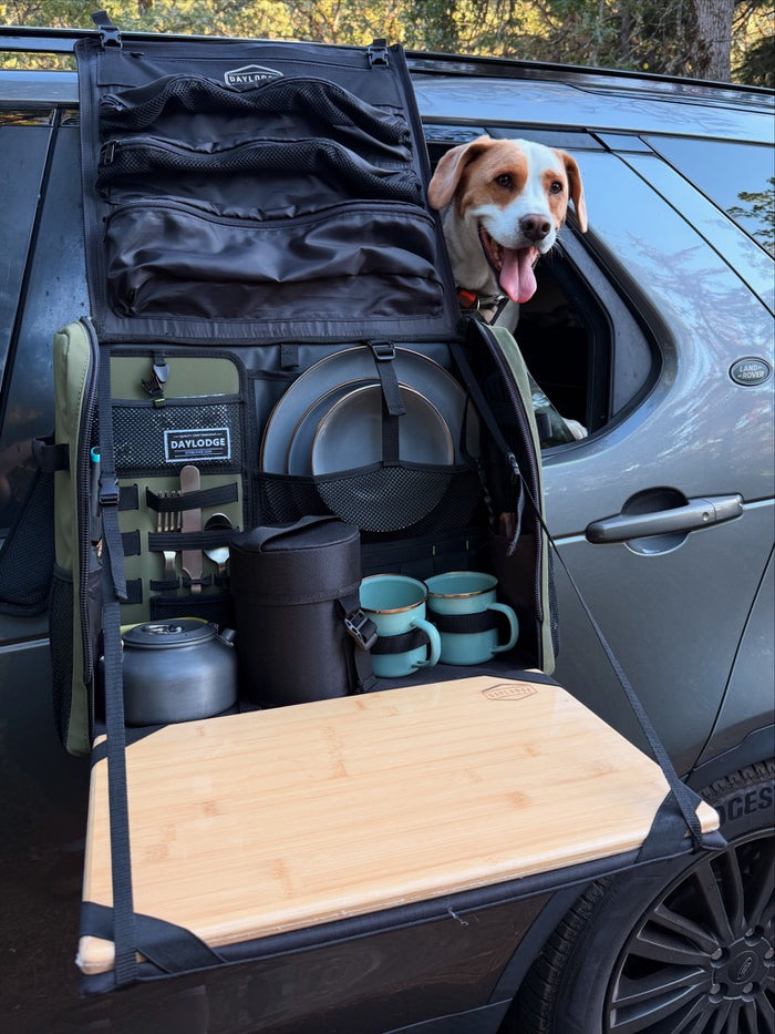 Workspace hanging open from a Land Rover factory roof rack, dog looking out the window