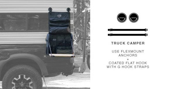 Workspace hanging on a truck camper with FlexMount anchors and flat hook straps