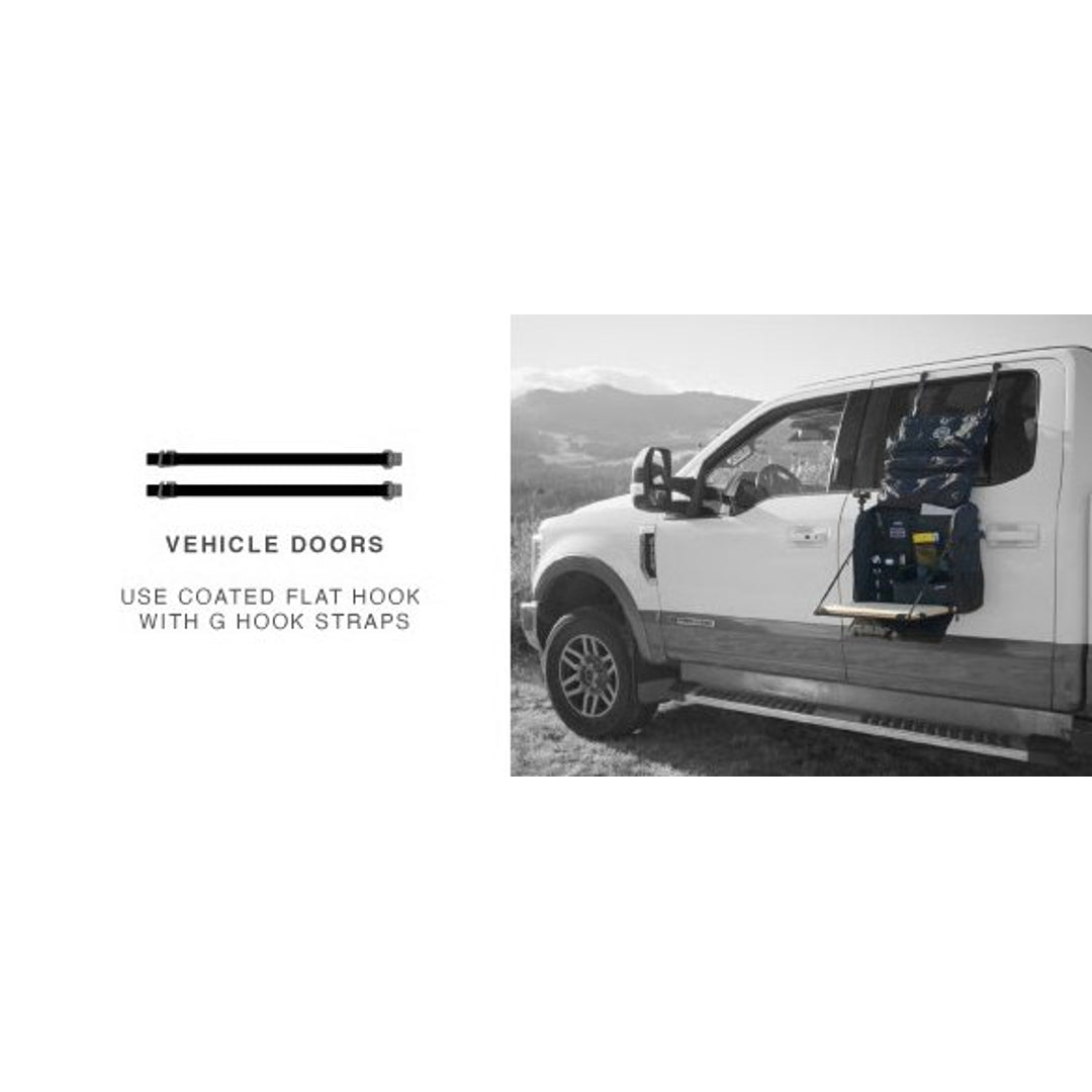 Workspace hanging on an open truck door with coated flat hook straps