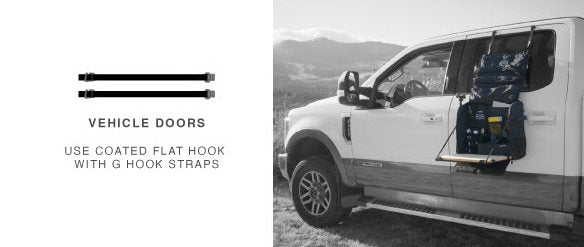 Workspace hanging on an open truck door with coated flat hook straps