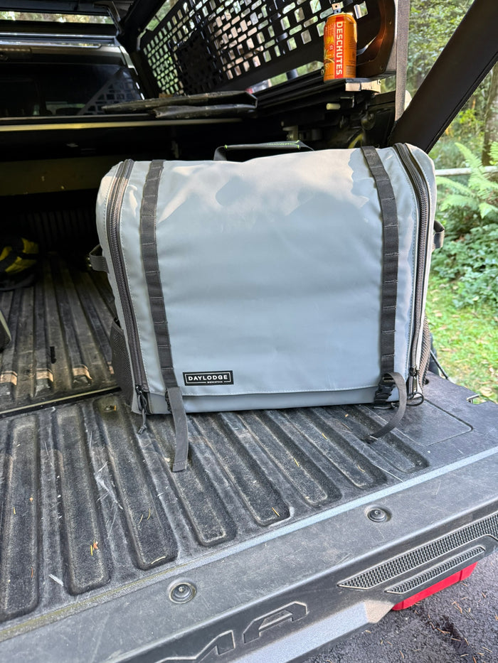 Workspace packed and closed on a truck tailgate