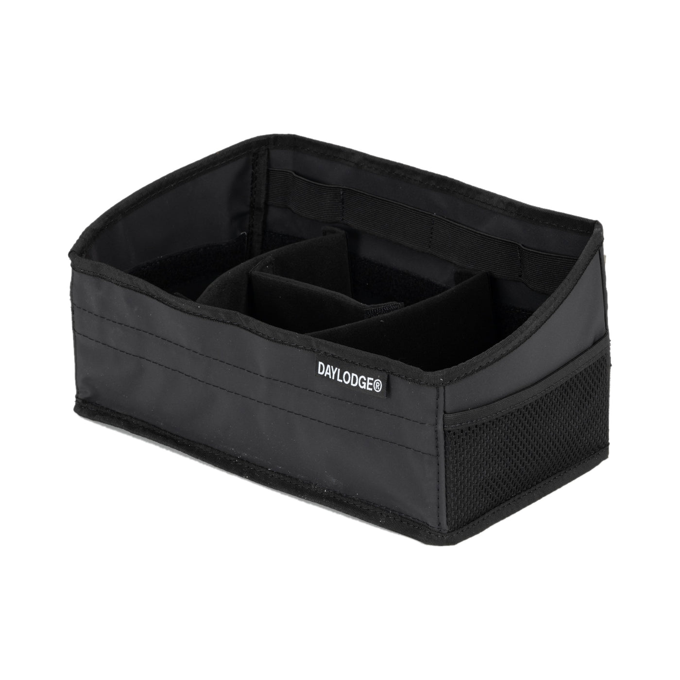 Workspace tray with dividers and mesh side pocket, left angle