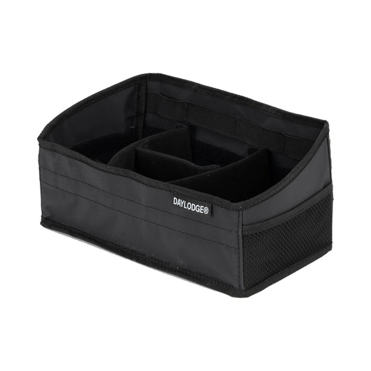 Workspace tray with dividers and mesh side pocket, left angle