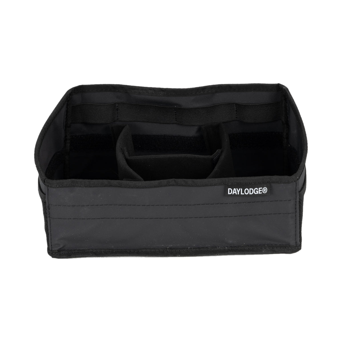 Workspace tray with movable dividers, front view
