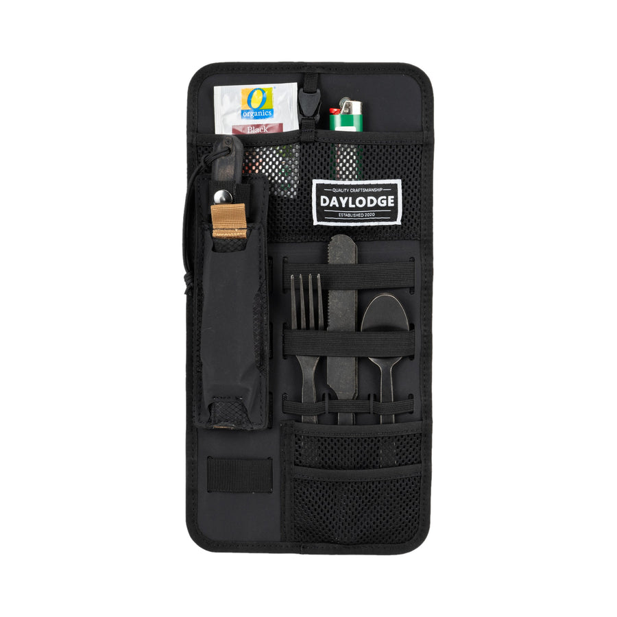 Workspace utensil panel with fork, knife, spoon, MOLLE Blade Sheath and mesh pockets