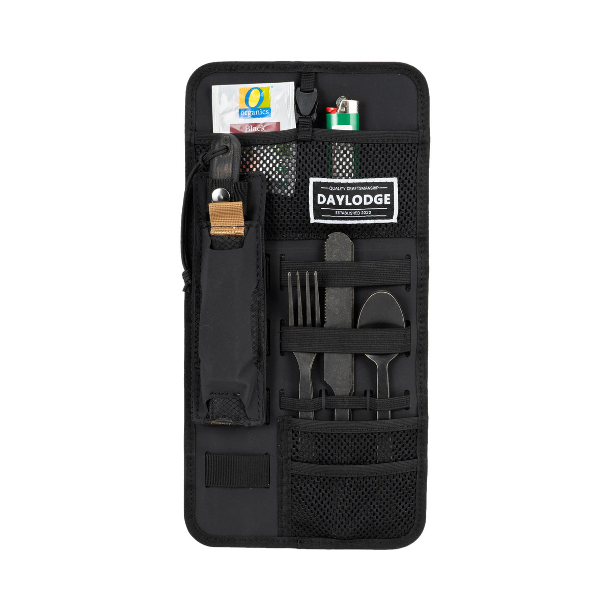 Workspace utensil panel with fork, knife, spoon, MOLLE Blade Sheath and mesh pockets