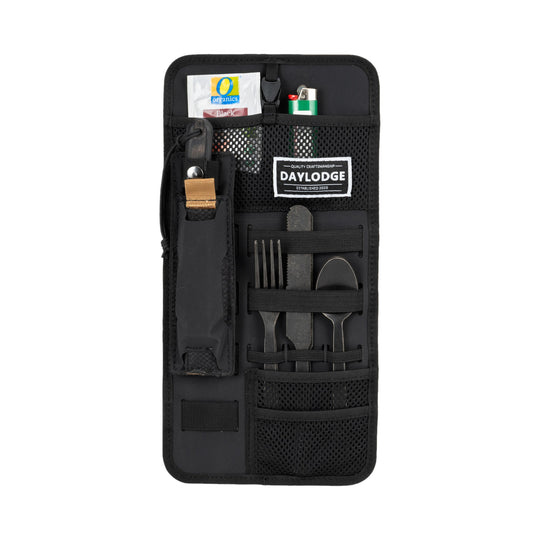 Workspace utensil panel with fork, knife, spoon, MOLLE Blade Sheath and mesh pockets